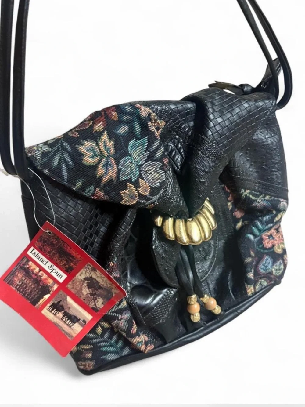 Deadstock vintage Black leather floral crossbody